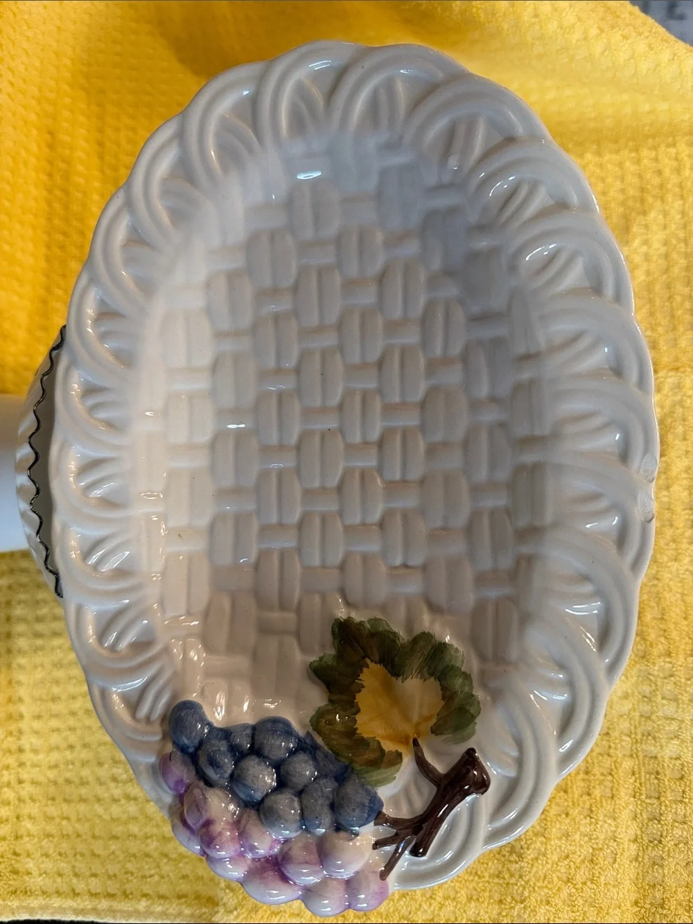 Made in Portugal White Ceramic Basket-Weave Fruit Dish with Grape Accent